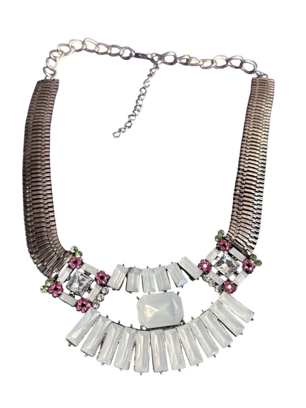 Rhinestone Statement Bib Necklace Silvertone Geometric Floral 15-17 inches Long